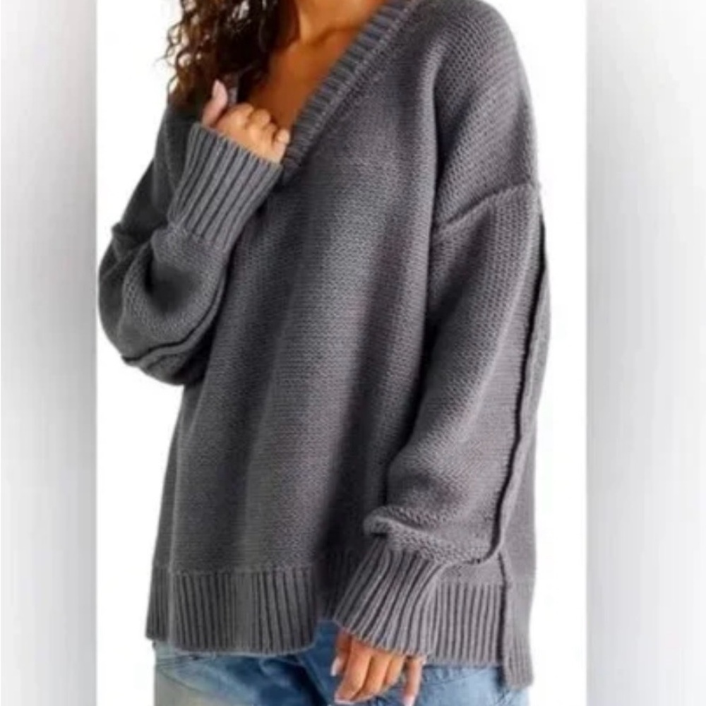 Free people womens alli titan gray oversized chunky knit V-Neck Sweater size XS